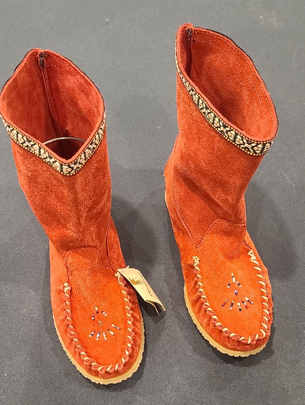 Martino NWT, Beaded, Mid Calf, Genuine Waterproof Suede Moccasins. Orange-red